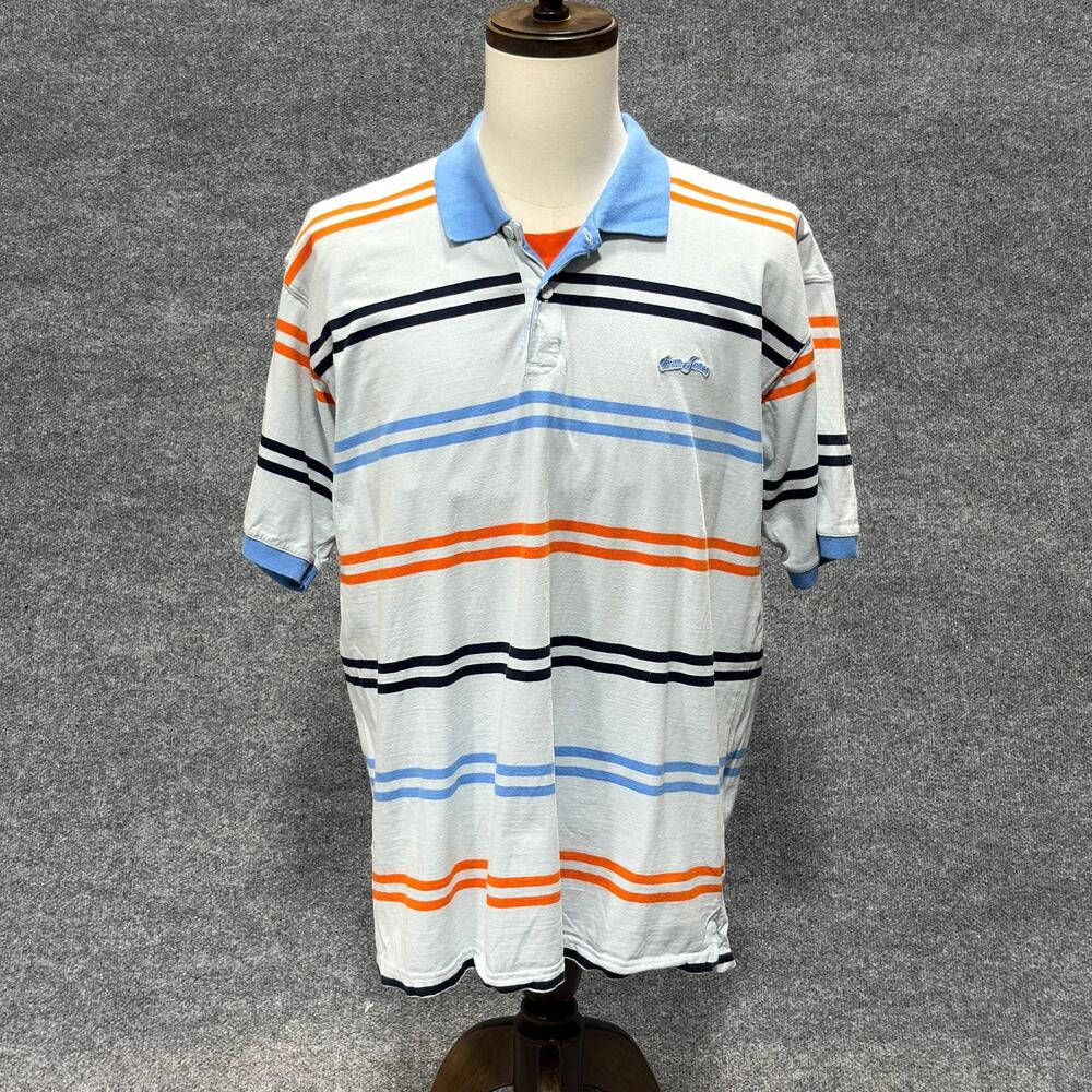 Paco Jeans Polo Shirt Mens XL White Blue Orange Striped Cotton Knit Casual
